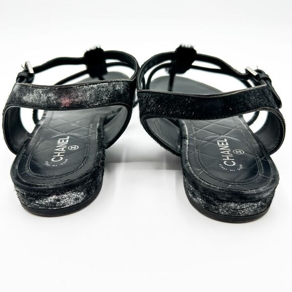 Chanel CC Logo Sandals Black Suede and Calf Hair Metallic Flats Size Eu 39 US 8- - Picture 7 of 11